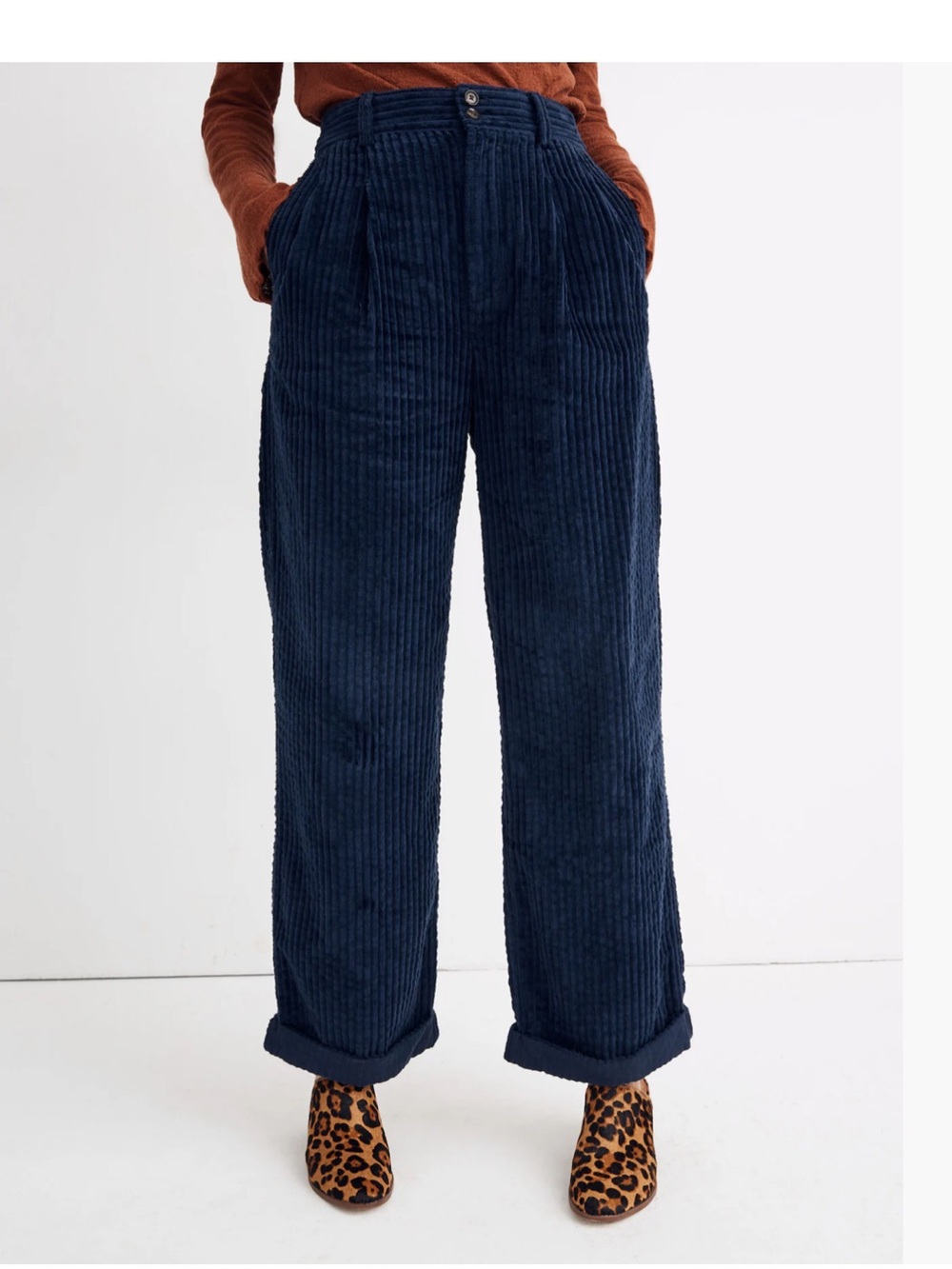 Madewell Pleated Wide-Leg Full-Length Pants in Corduroy/ Dark Nightfall Like New